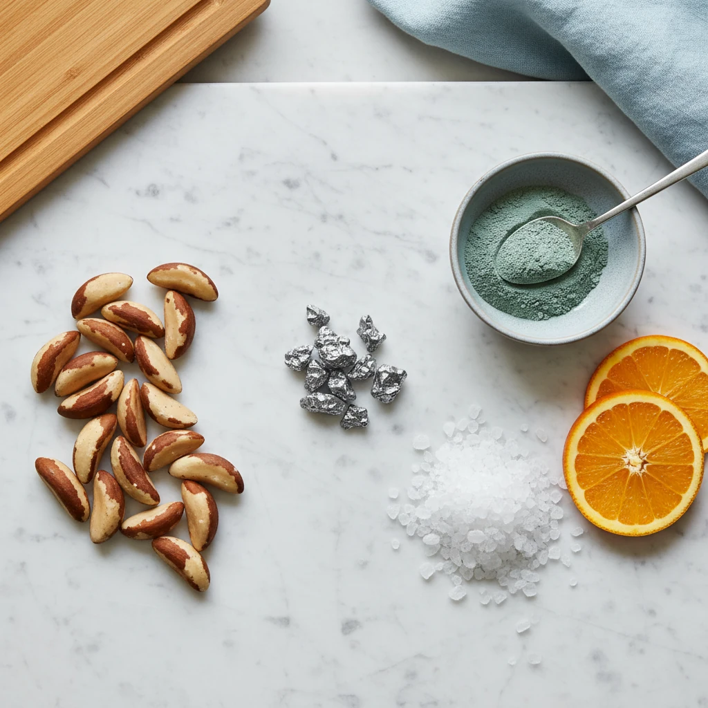 Naturliga ingredienser för kosttillskott - zink, selen, magnesium, C-vitamin, växtextrakt på vit marmor