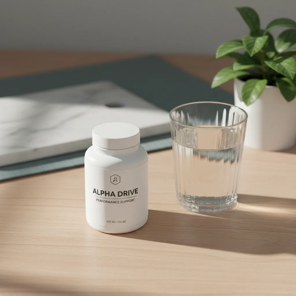Alpha Drive Performance Support 60 kapslar - flat lay med glas vatten och grön växt