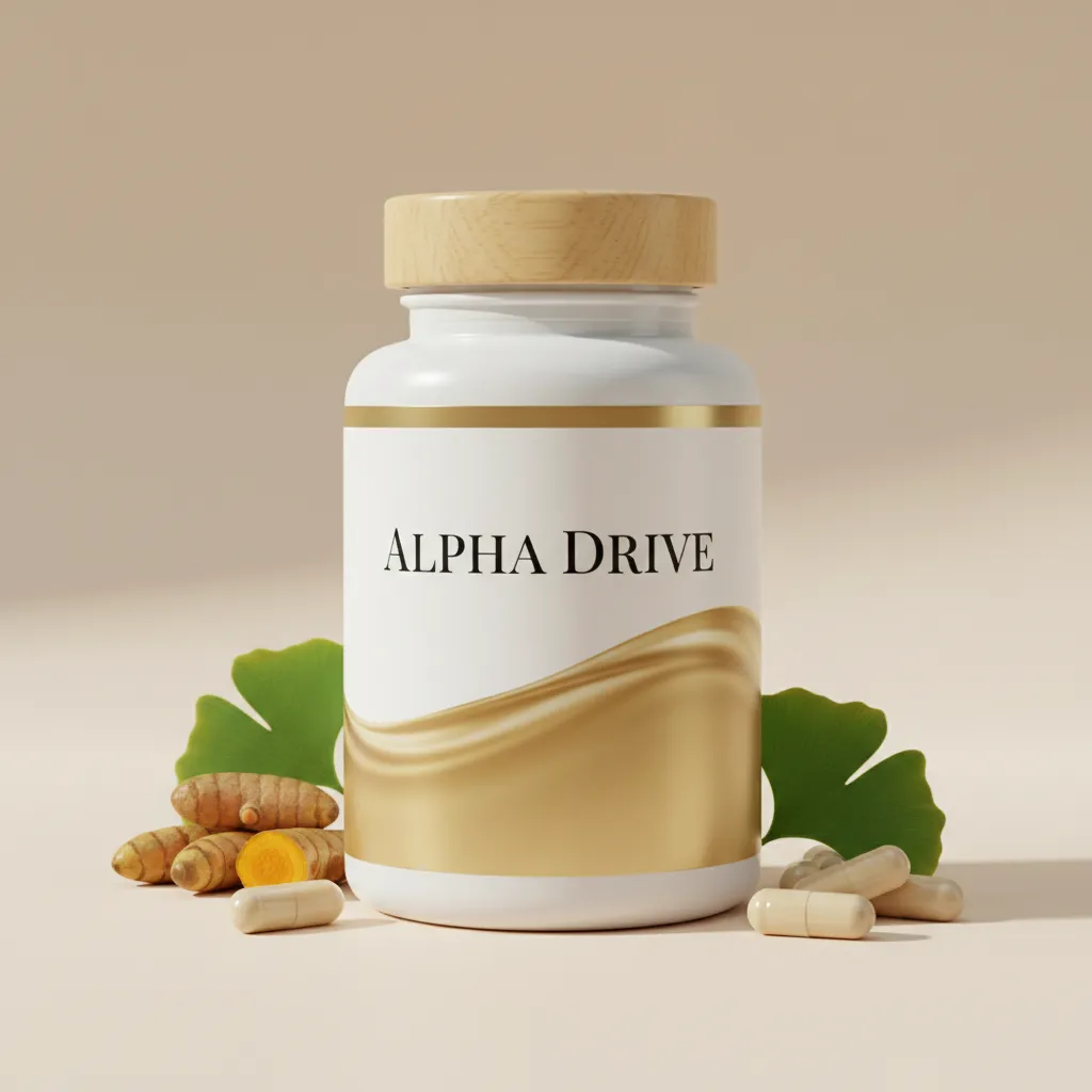 Alpha Drive kosttillskott 60 kapslar - vit burk med blå hexagonetikett